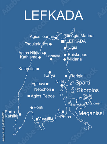 Greece island Lefkada map vector line contour silhouette illustration isolated on blue background. Greek paradise Ionian island.