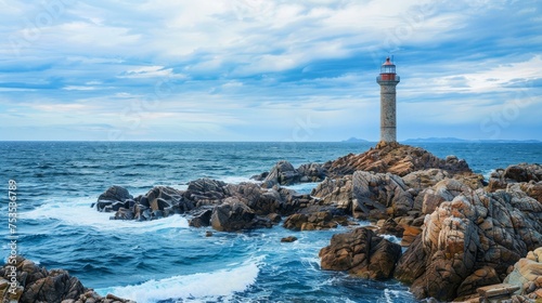 Old lighthouse on rocky coast background