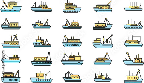 Fishing boat icons set outline vector. Cargo marine. Ocean ship color line isolated
