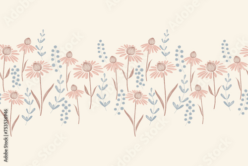 Pink flower pattern seamless background border frame. Vector illustration hand drawn peach pink coneflower floral with branches leaves. 