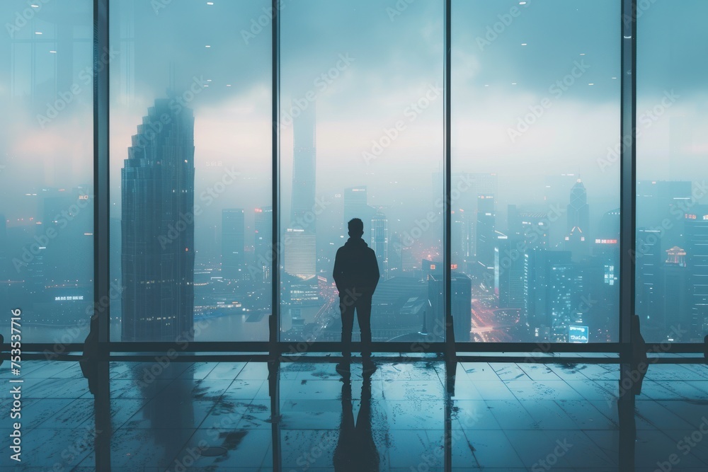 Silhouette of a Person Overlooking the City at Dusk. Silhouette of a person standing in a high-rise building, contemplating the cityscape at twilight. Silhouette of a Person Overlooking the City at Dusk. Silhouette of a person standing in a high-rise building, contemplating the cityscape at twilight.