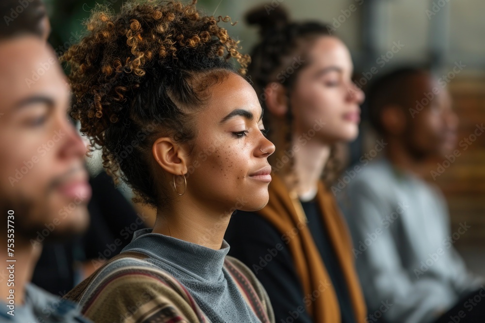 A woman with a headband is sitting in a group of people A woman with a headband is sitting in a group of people