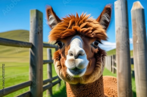 A portrait of funny Alpaca animal grazing on green field on blue sky