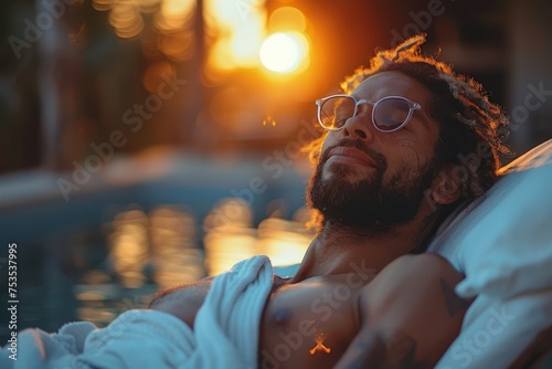 A content man with glasses relaxes in a pool, his head back, as the sunset fills the scene with a warm glow of serenity and restfulness photo