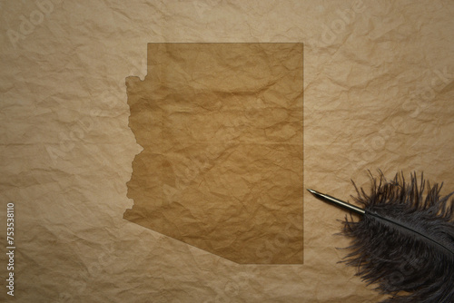 map of arizona state on a old paper background with old pen
