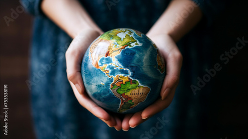 A woman's hand delicately cradling the Earth, symbolizing a connection to the world or environmental awareness.