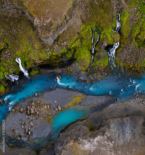Aerial view of the beautiful azure waterfalls in the Valley of Tears  - Sigöldugljúfur canyon in Icelandic Highland photo