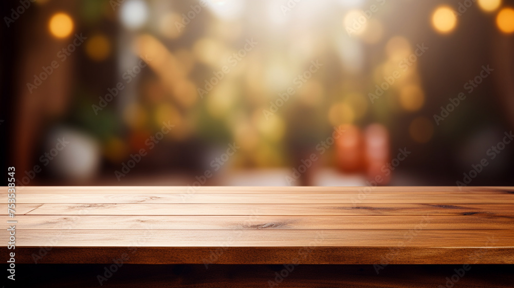 Wooden table on blurred city background. - obrazy, fototapety, plakaty 