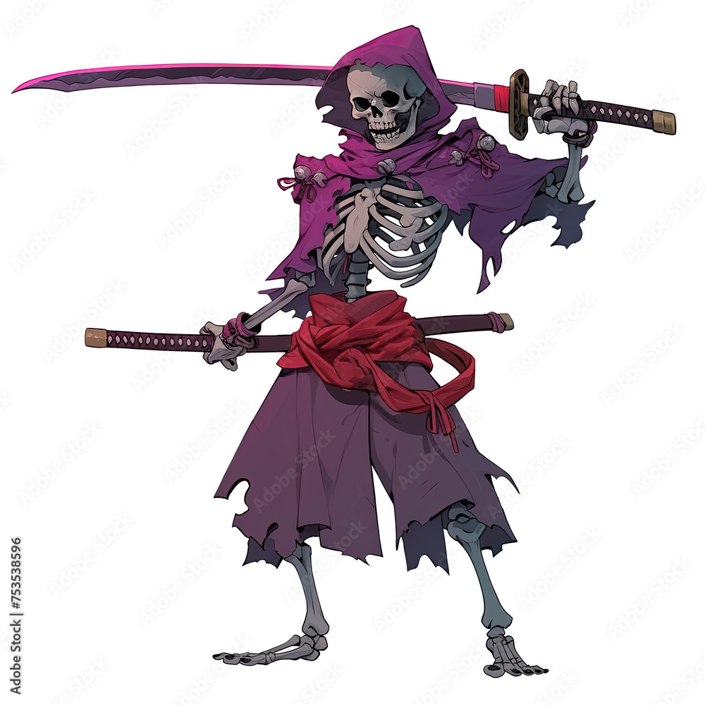 An illustration of a pirate skeleton wearing purple clothing and holding a sword An illustration of a pirate skeleton wearing purple clothing and holding a sword