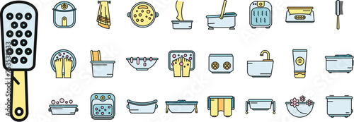 Foot bath icons set outline vector. Beauty calm. Health massage color line isolated
