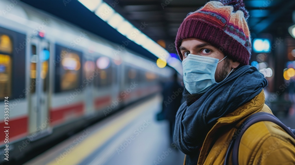 A masked man preventing the spread of a viral illness while waiting at the train station. A masked man preventing the spread of a viral illness while waiting at the train station.