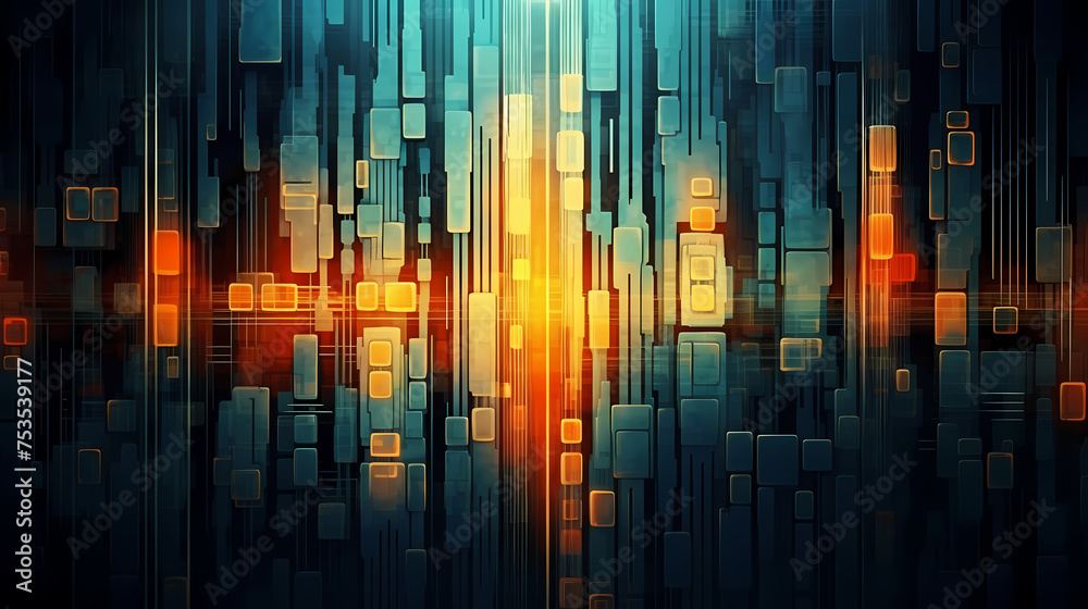 Epic sci-fi cityscape illustration with light effects, abstract background
