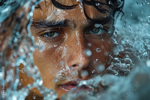 A detailed close-up of water droplets in motion with a blurred face in the background