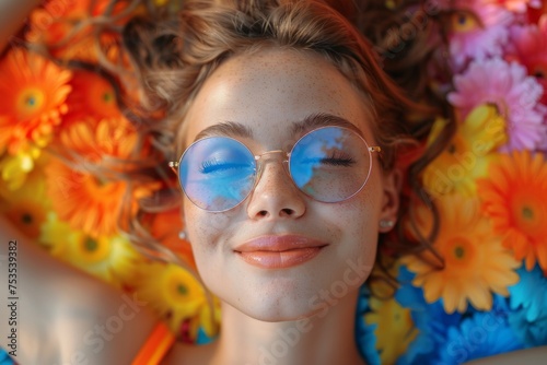 Top-down view of a woman with sunglasses lying among vibrant flowers