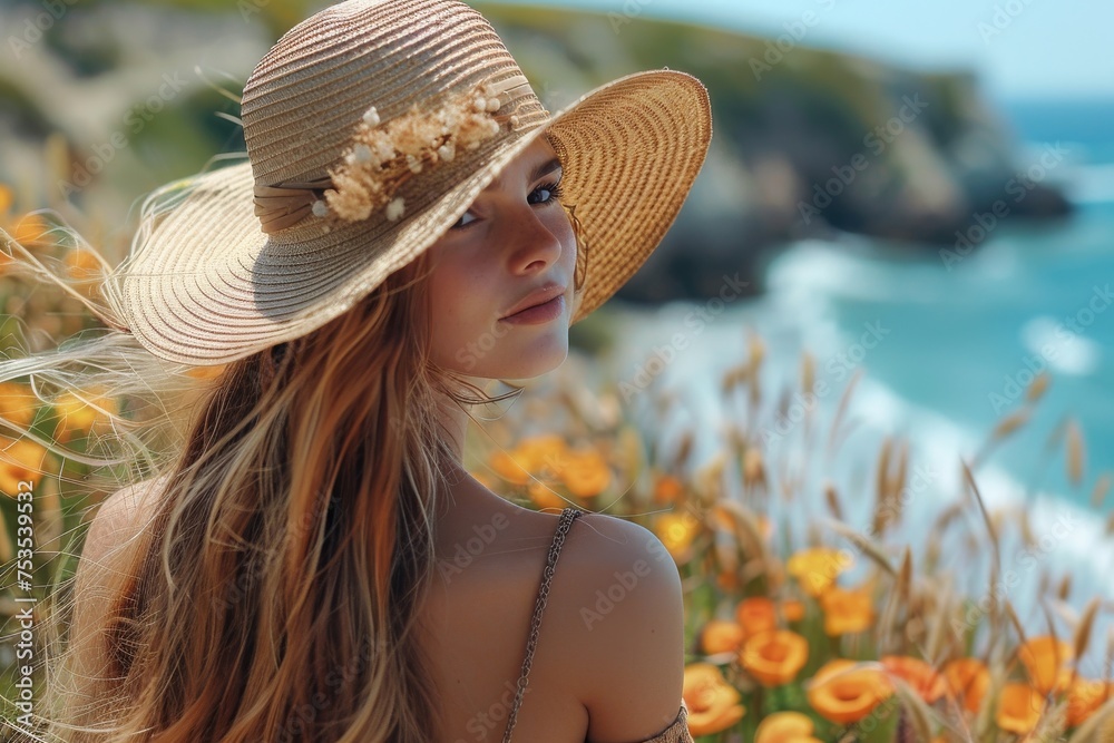 Back view of a woman with straw hat looking at a serene blue ocean, embodying travel and exploration