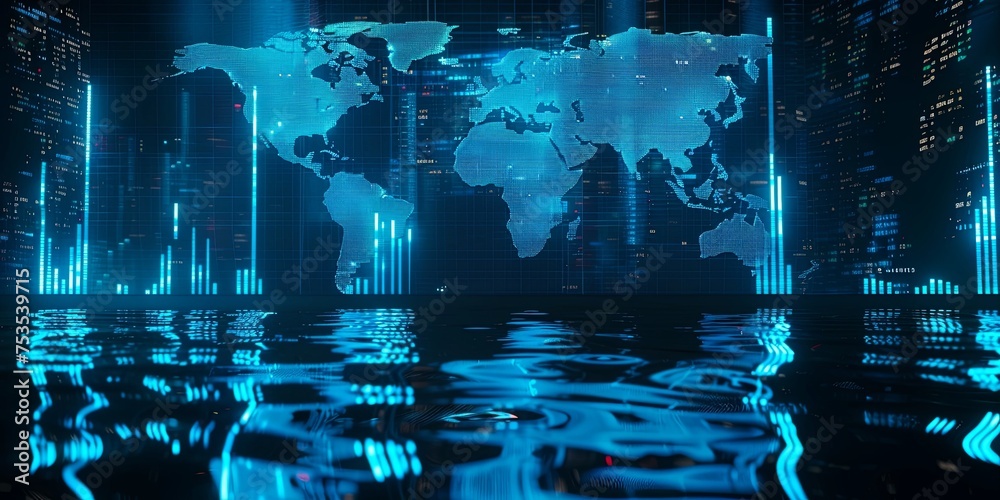 The background is a glowing blue world map with stock market bar charts and graphs on a dark background