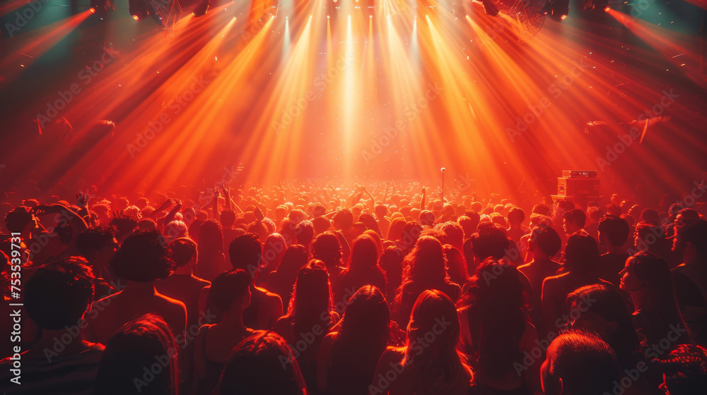 Abstract Background Party Concert Concept. Party people concept. Crowd happy and joyful in club. Celebration, festival, Happiness, Blurry night club .Event Show concert EDM on stage.