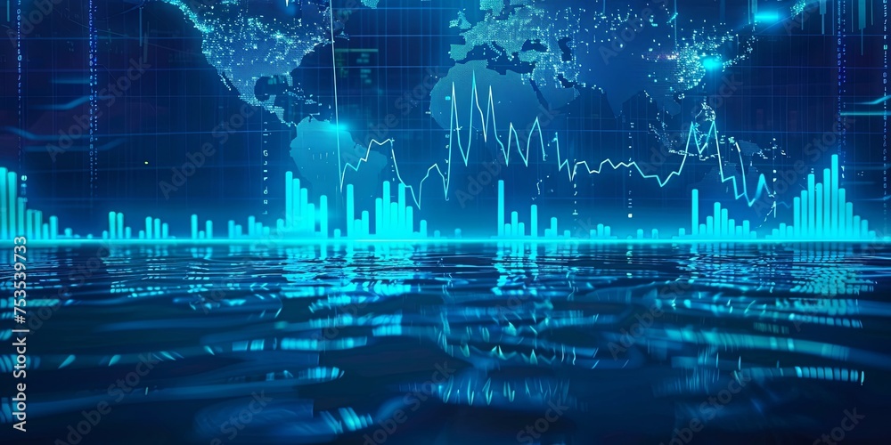 The background is a glowing blue world map with stock market bar charts ...