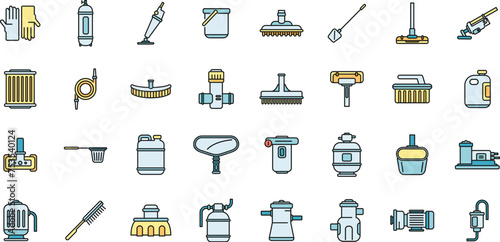 Pool cleaning icons set outline vector. Brush backet. Swimming care color line isolated