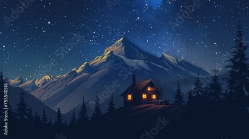 Starry night over an isolated mountain cabin background