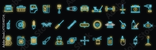 Car mechanic icons set outline vector. Motor work. Engine oil neon isolated