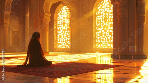 A Muslim female is devoutly worshiping at the mosque. photo