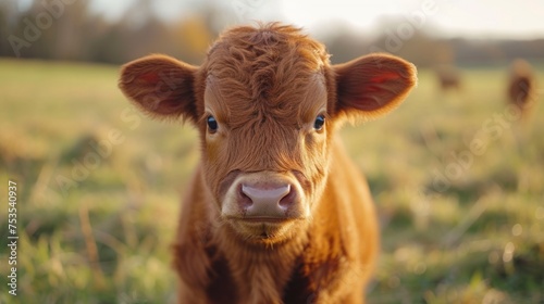 close up of a brown calf in a farm field