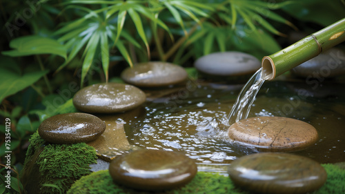 Japanese Zen garden with bamboo fountain and stones.