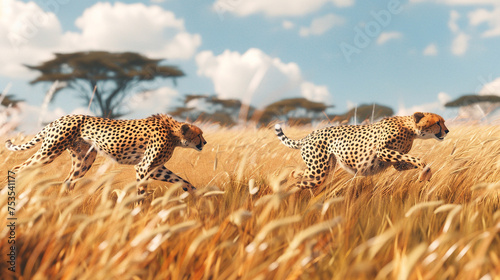 A pair of cheetahs sprinting across the grasslands in pursuit of prey.