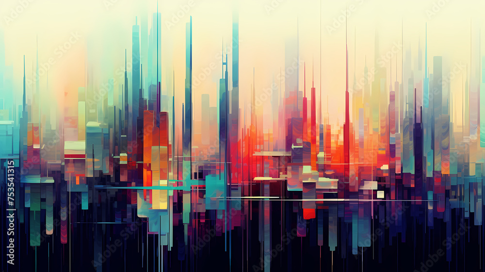 Abstract digital glitch art, vibrant cityscape in generative artificial intelligence