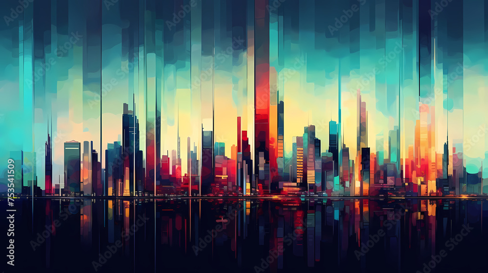 Abstract digital glitch art, vibrant cityscape in generative artificial intelligence