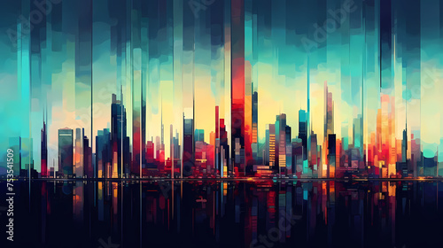 Abstract digital glitch art, vibrant cityscape in generative artificial intelligence © ma