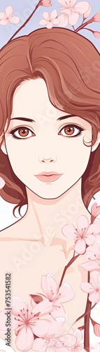 Vertical illustration of a woman with a serene expression surrounded by delicate cherry blossoms, symbolizing spring and beauty.