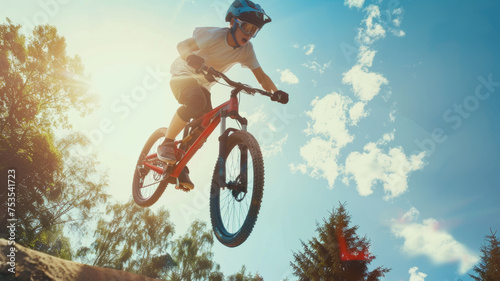 Mountain biker catches air against a blue sky, showcasing adrenaline and freedom.