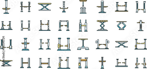 Car lift icons set outline vector. Auto garage. Station equipment color line isolated