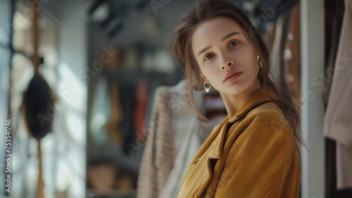A poised young woman in a stylish mustard coat stands in a trendy boutique setting.