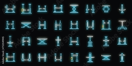 Car lift icons set outline vector. Auto garage. Station equipment neon isolated