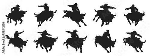 Rodeo vector illustration. Cowboy riding bull hand drawn black on white background. Mal rider bucking silhouette photo