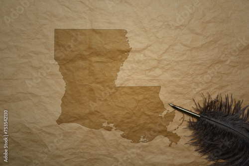 map of louisiana state on a old paper background with old pen
