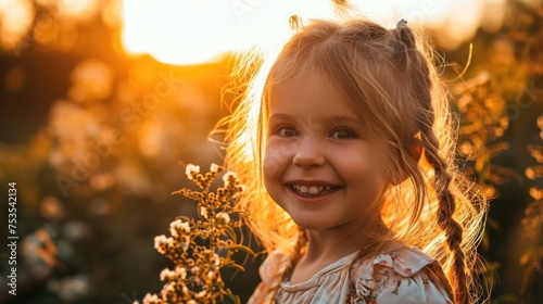 A Sunlit Smile - Young girl with a flower in her hair, Fictional character created by Generative AI.