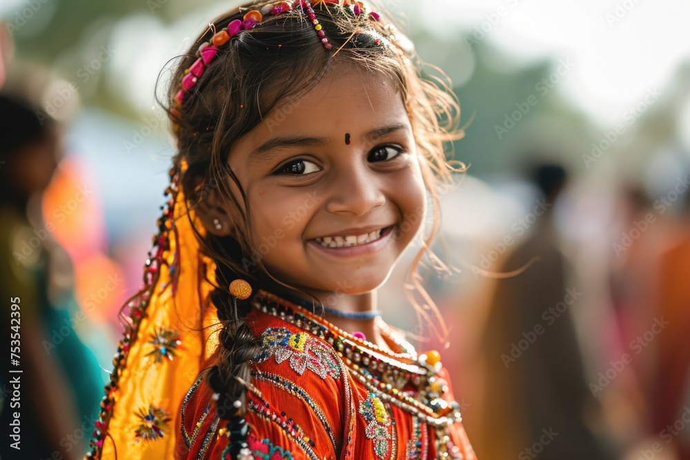 A young girl wearing traditional Indian clothing and jewelry, with decorative hair ornaments. Fictional character created by Generative AI.