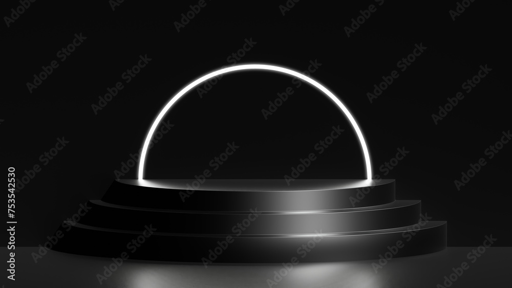 Empty podium or pedestal display on black background with stand concept. Blank product shelf standing backdrop with neon circle. 3d rendering illustration. Empty podium or pedestal display on black background with stand concept. Blank product shelf standing backdrop with neon circle. 3d rendering illustration.