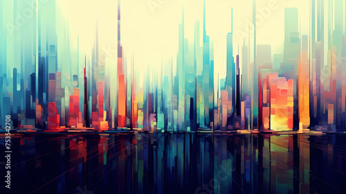 Abstract digital glitch art, vibrant cityscape in generative artificial intelligence