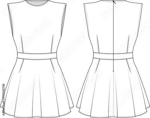 crew neck round neck sleeveless darted belted zippered flared mini short dresss template technical drawing flat sketch cad mockup fashion woman design style model
