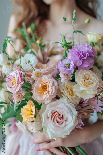 A beautiful bouquet of flowers held by a woman