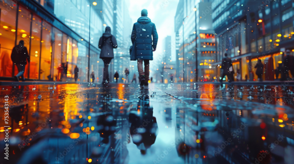 Abstract modern city background with people walking over buildings reflections. - obrazy, fototapety, plakaty 