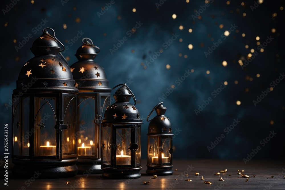 Ramadan theme decorated with glowing lanterns and crescent moon for elegant poster background professional photography Ramadan theme decorated with glowing lanterns and crescent moon for elegant poster background professional photography