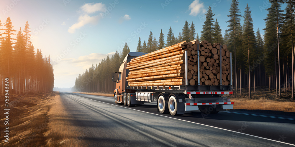 Industrial wood carrier truck transporting timber on a highway road with blue sky background natural resources forestry equipment