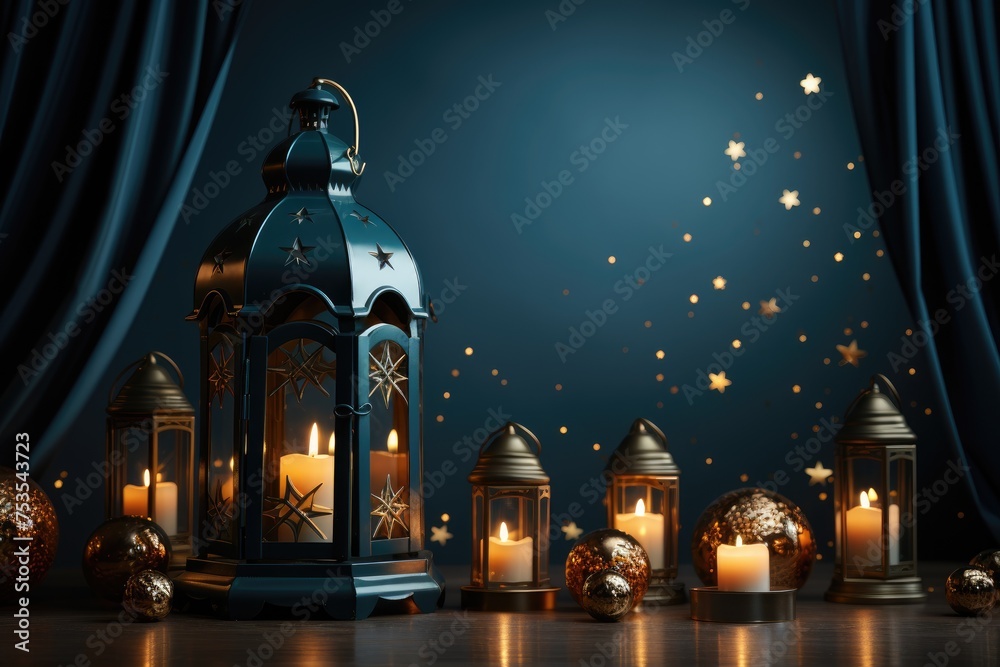 Obraz premium Ramadan theme decorated with glowing lanterns and crescent moon for elegant poster background professional photography