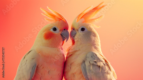 A pair of loving cockatiels, their crests touching in a heart shape, on a warm peach-colored surface.